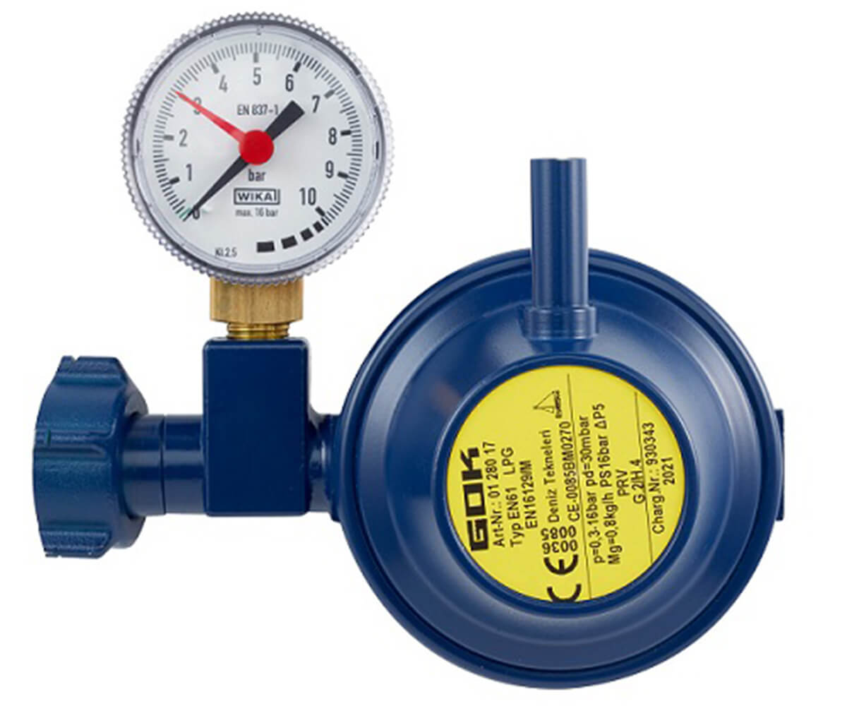 Aygaz Tekne Regülatörü - 90 Derece Dik Çıkışlı - Manometreli